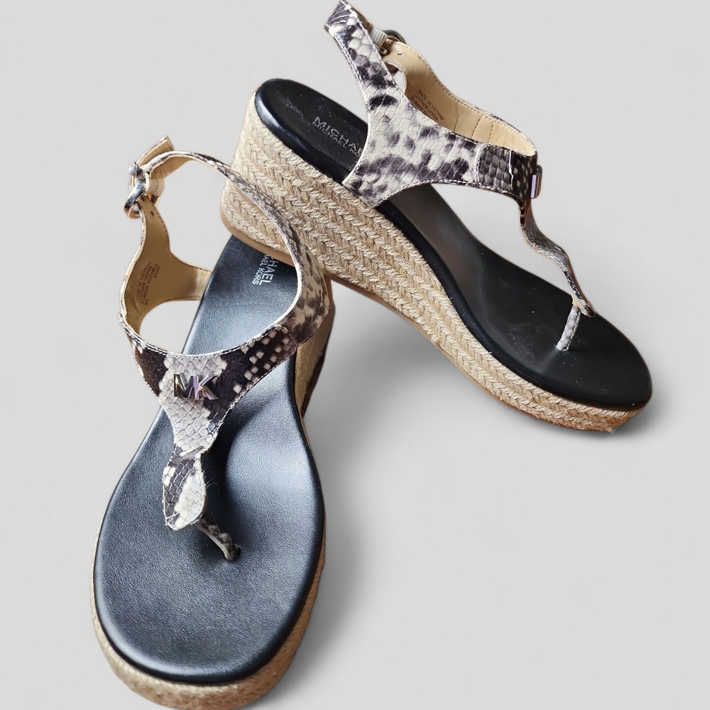 MICHAEL KORS | Laney Snake Print Wedge Espadrille Open Toe Sandals Black Tan | 8
